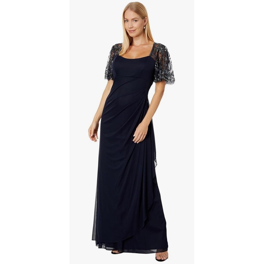 Xscape Long Sheer Matte Jersey Ruched 3/4 Bead Sleeve‎ Navy 5059X Size 6